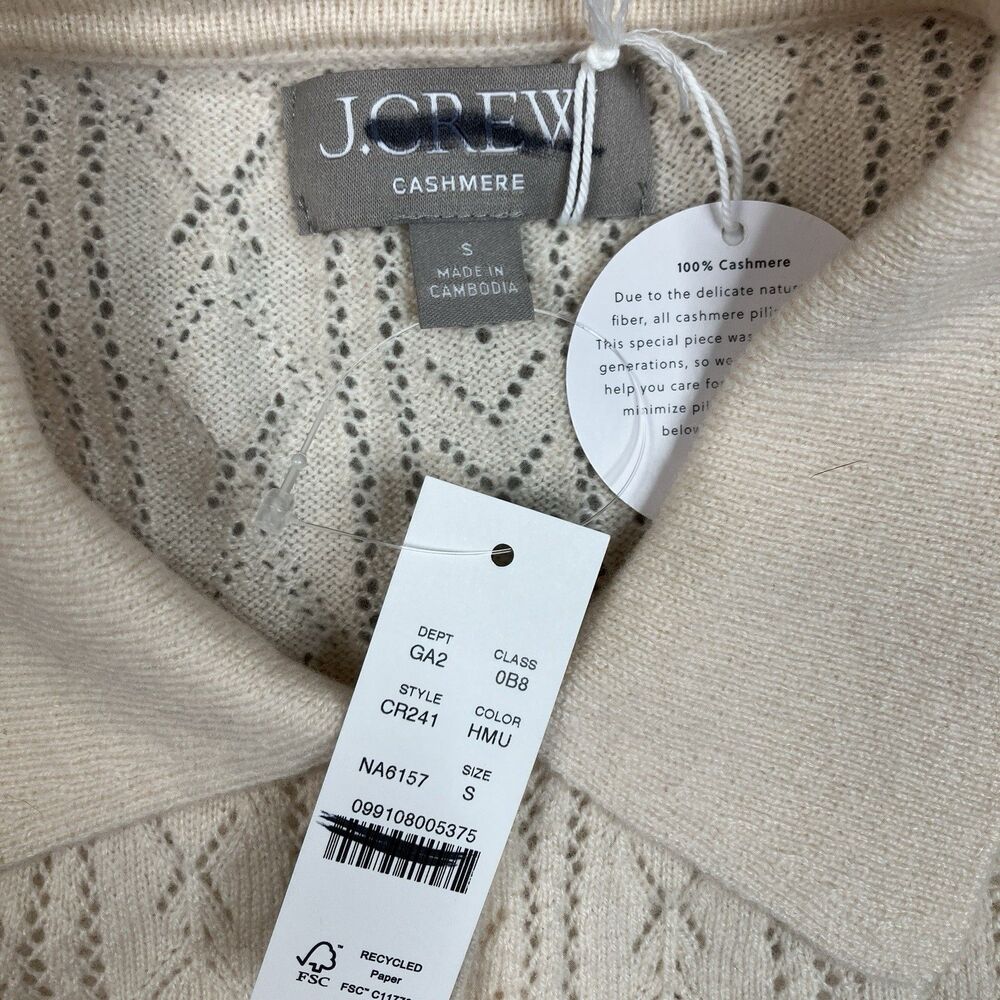 J.Crew Cashmere Cardigan Womens S Cream Pointelle Short Sleeve Collared - Picture 10 of 13